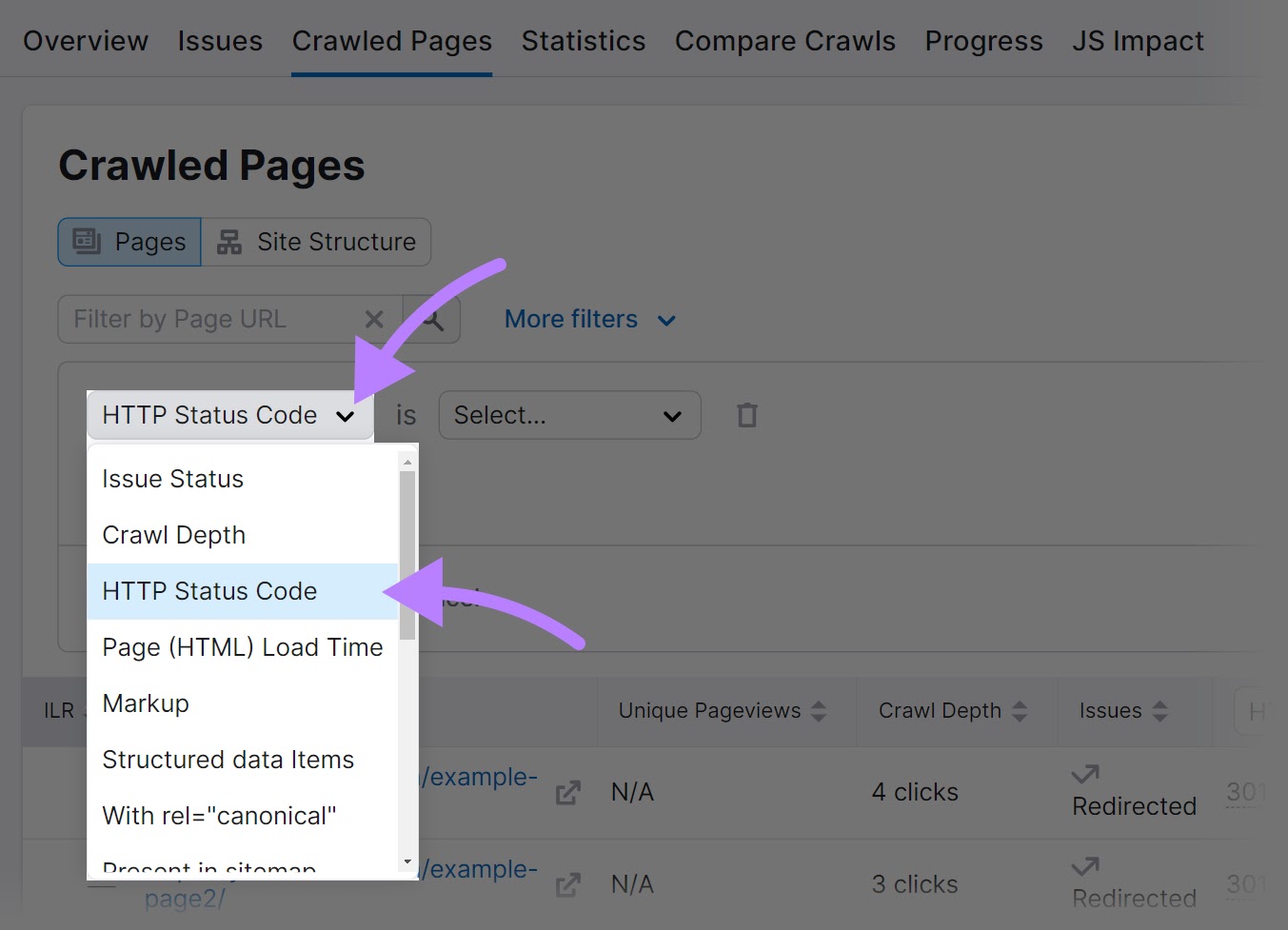 “HTTP Status Code” selected from the drop-down menu