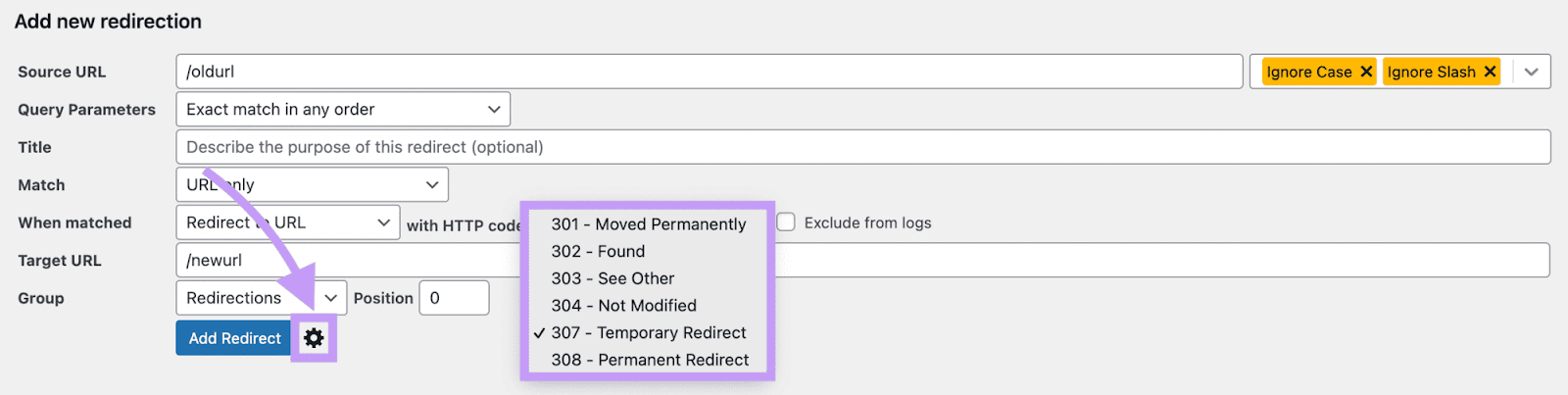 Redirection plugin form to set up redirects