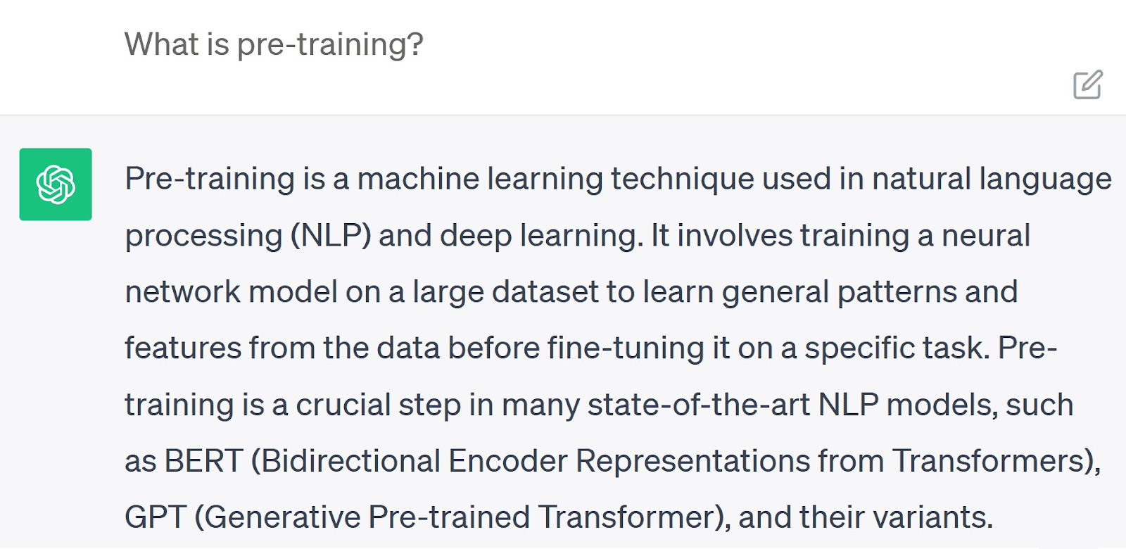 ChatGPT’s response to "What is pre-training?" prompt