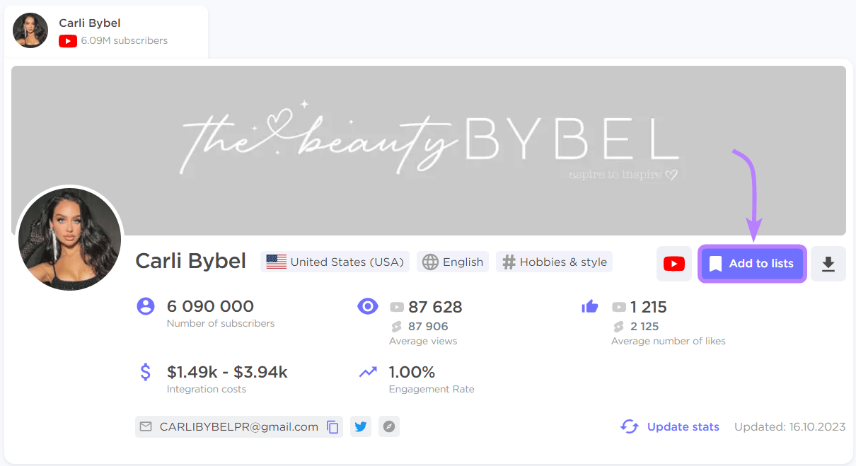 “Add to lists” highlighted next to Carli Bybel's influencer’s profile