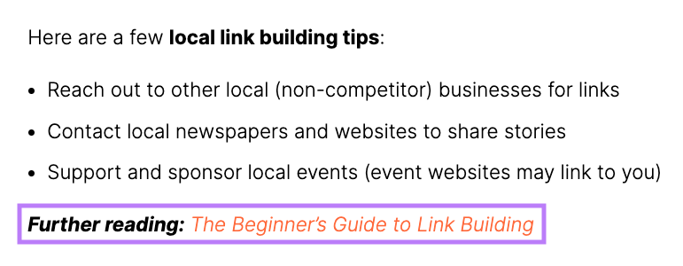 A “Further reading” link under a section of Semrush's blog