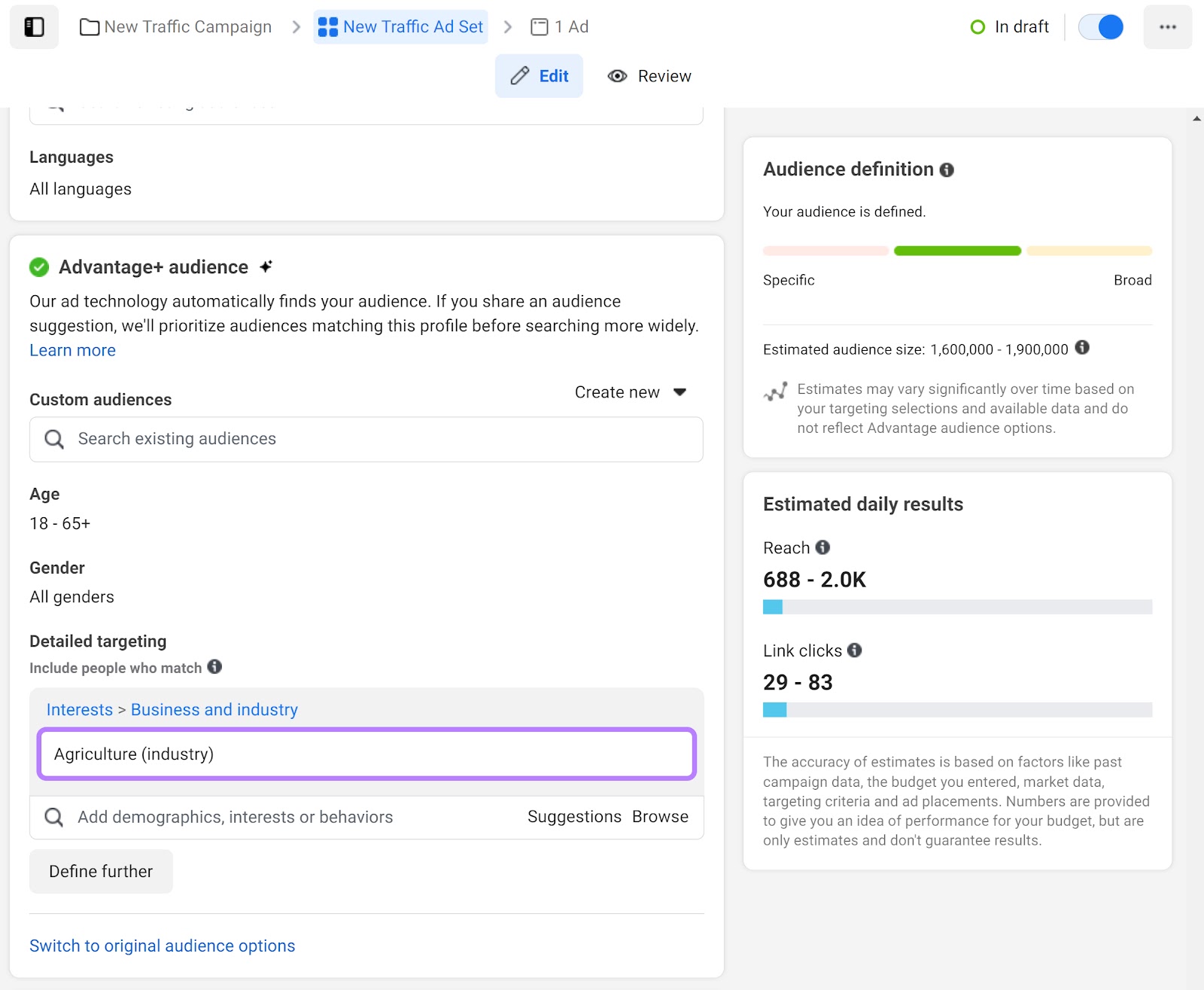 Facebook ad set creation platform showing the "Detailed Targeting" section with the "Agriculture (industry)" selected.