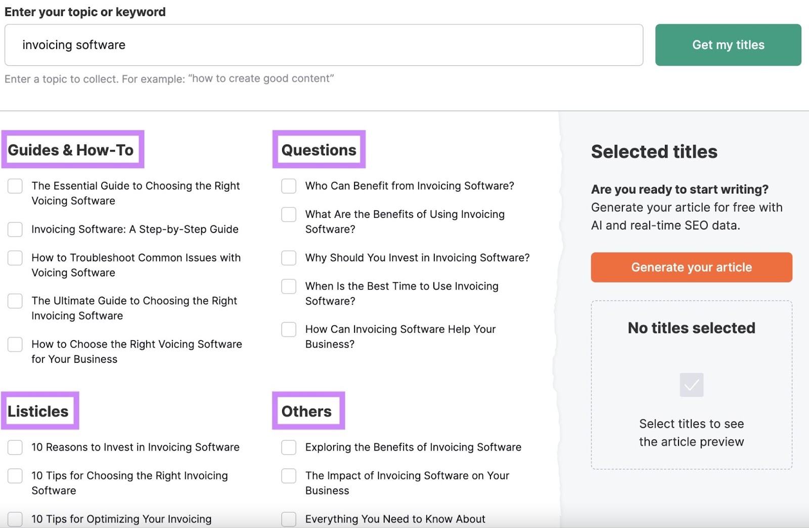 Title Generator results for "invoicing software" search, grouped in four categories