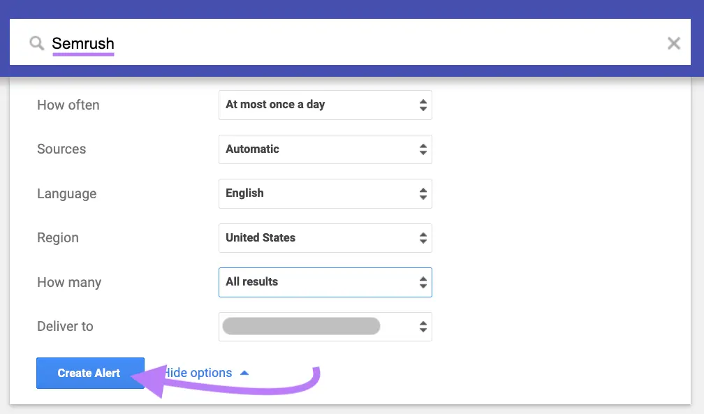 Creating Google Alerts for "Semrush"