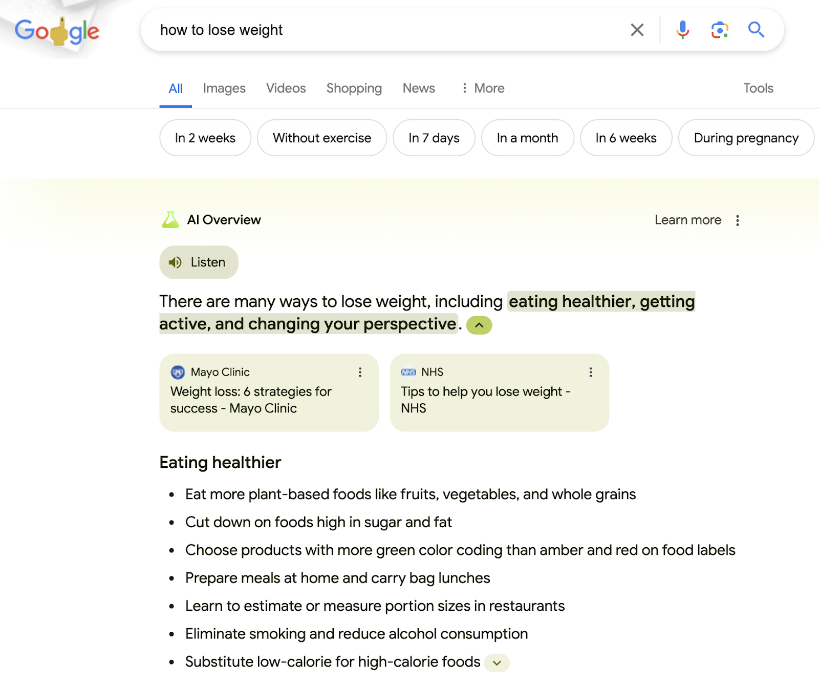 AI Overview in Google, showing results for “how to lose weight"