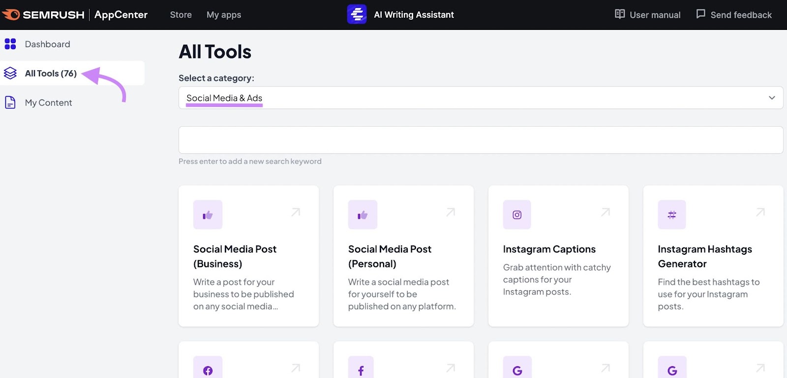 Navigating to “Social Media & Ads" in the AI Writing Assistant app