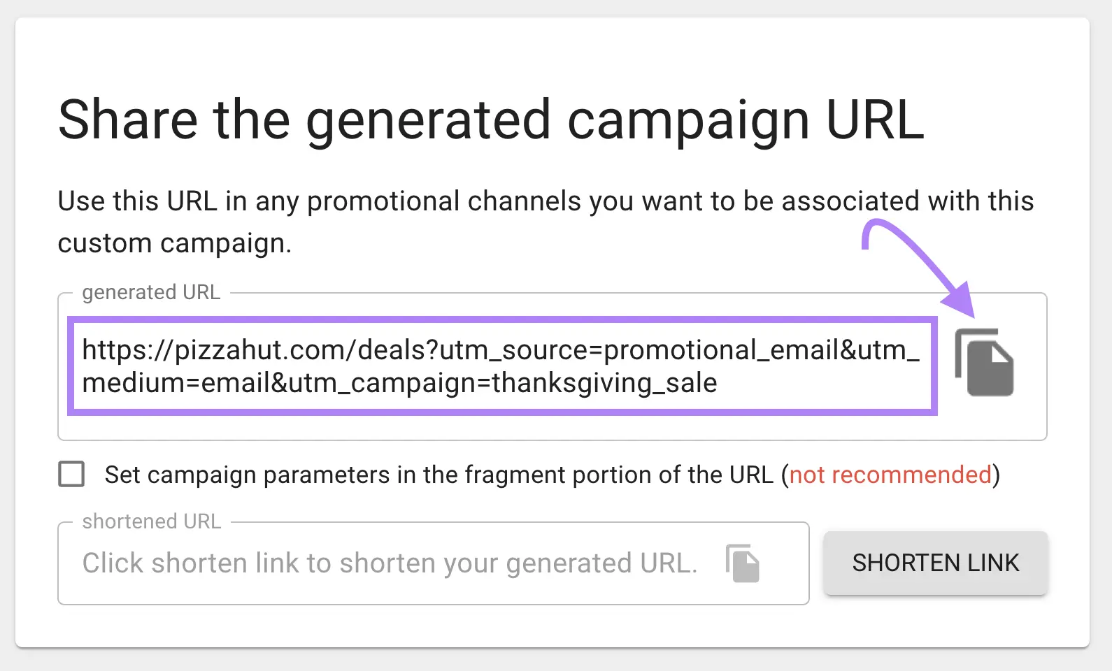 a custom generated URL on Google’s Campaign URL Builder with the copy icon highlighted