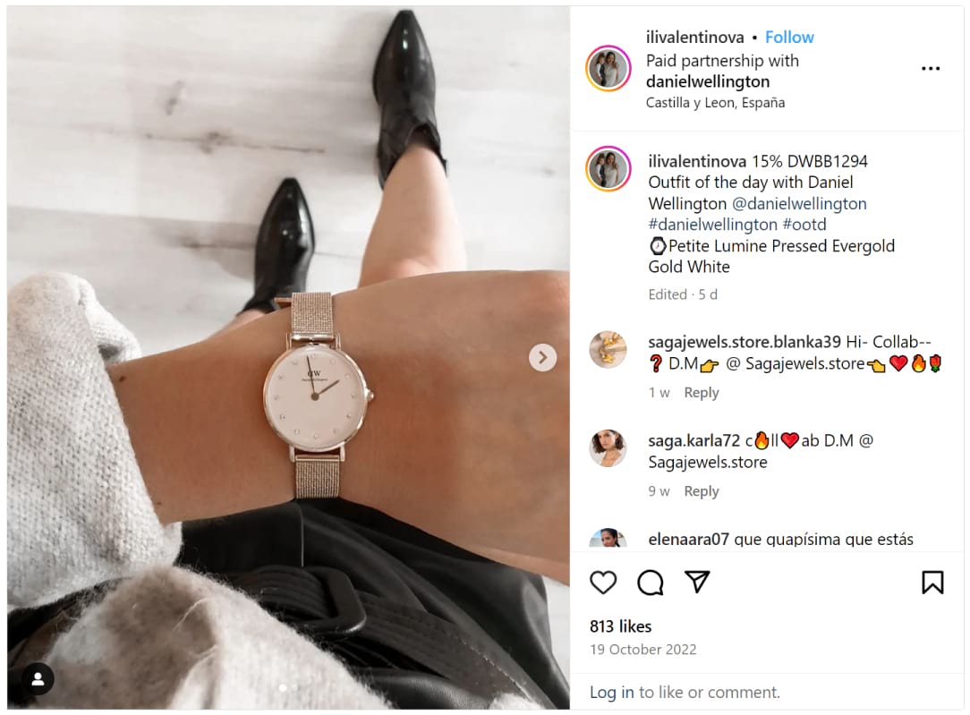 Instagram paid partnership post with Daniel Wellington