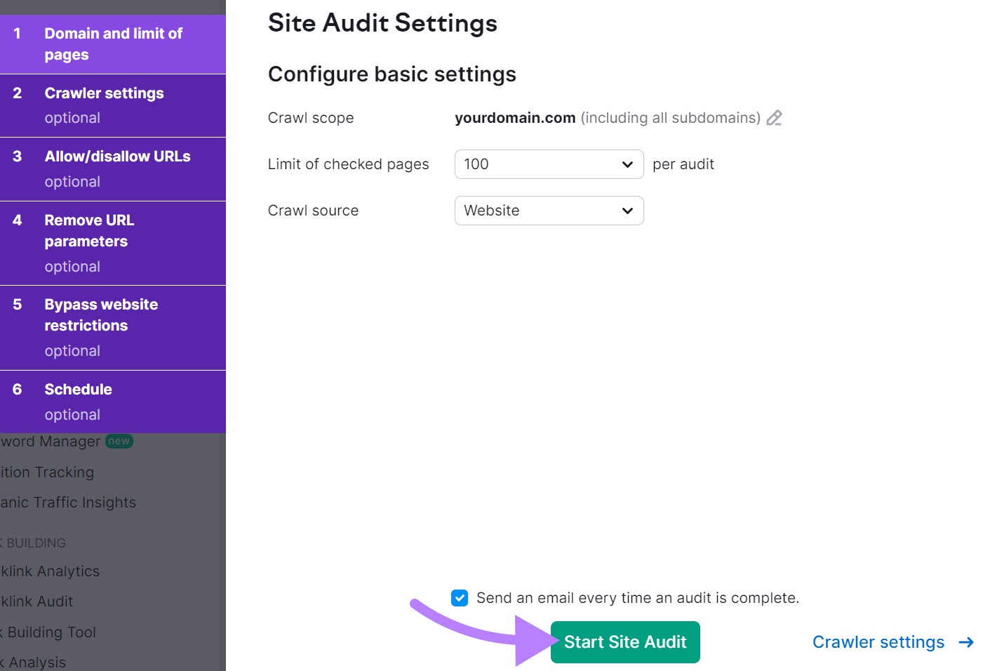 "Site Audit Settings" window