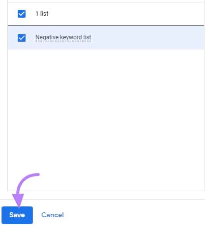 check the box next to the "negative keyword list" and click "Save"