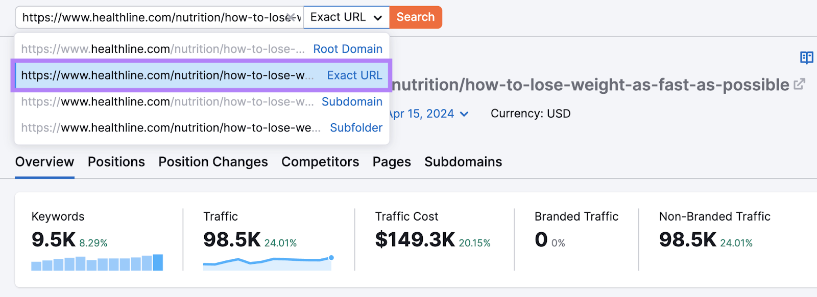 choosing Exact URL rather than Subdomain, Subfolder, or Root Domain options for analysis