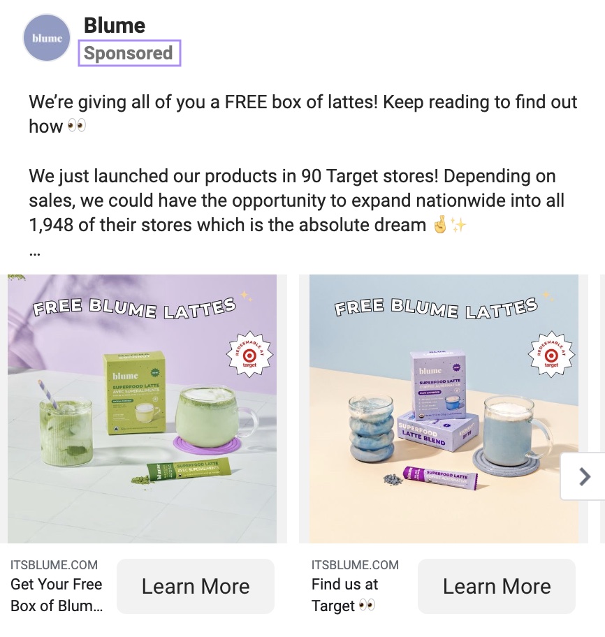 Blume's Facebook ad