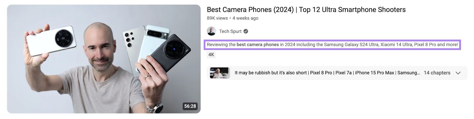 Youtube displaying the first line of a video description in the search results.