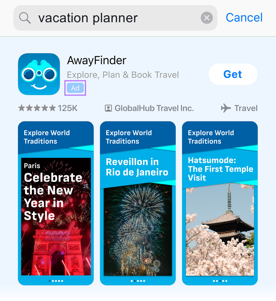 An app ad in App Store appearing for "vacation planner" search