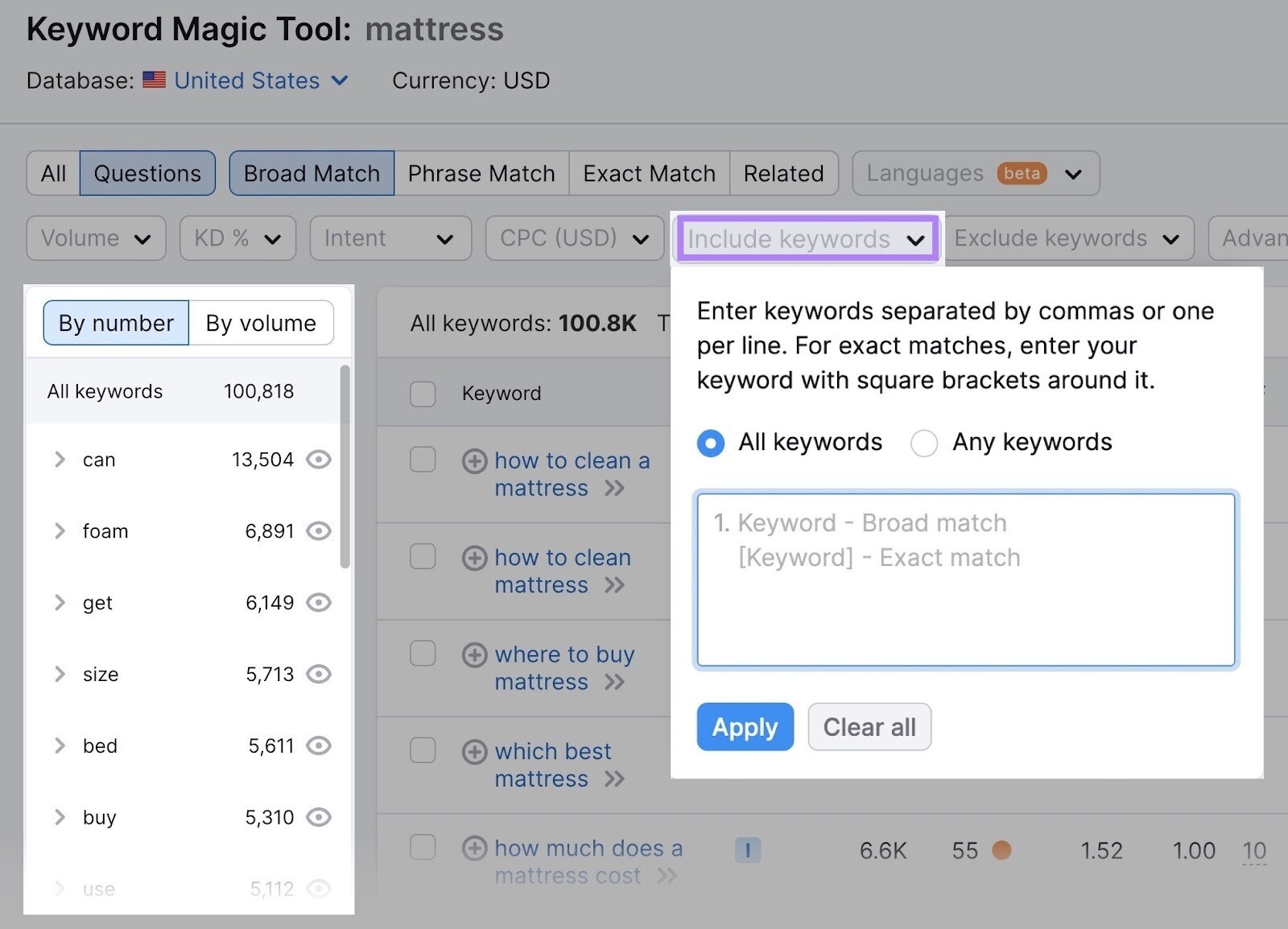 “Include keywords” filter in Keyword Magic Tool