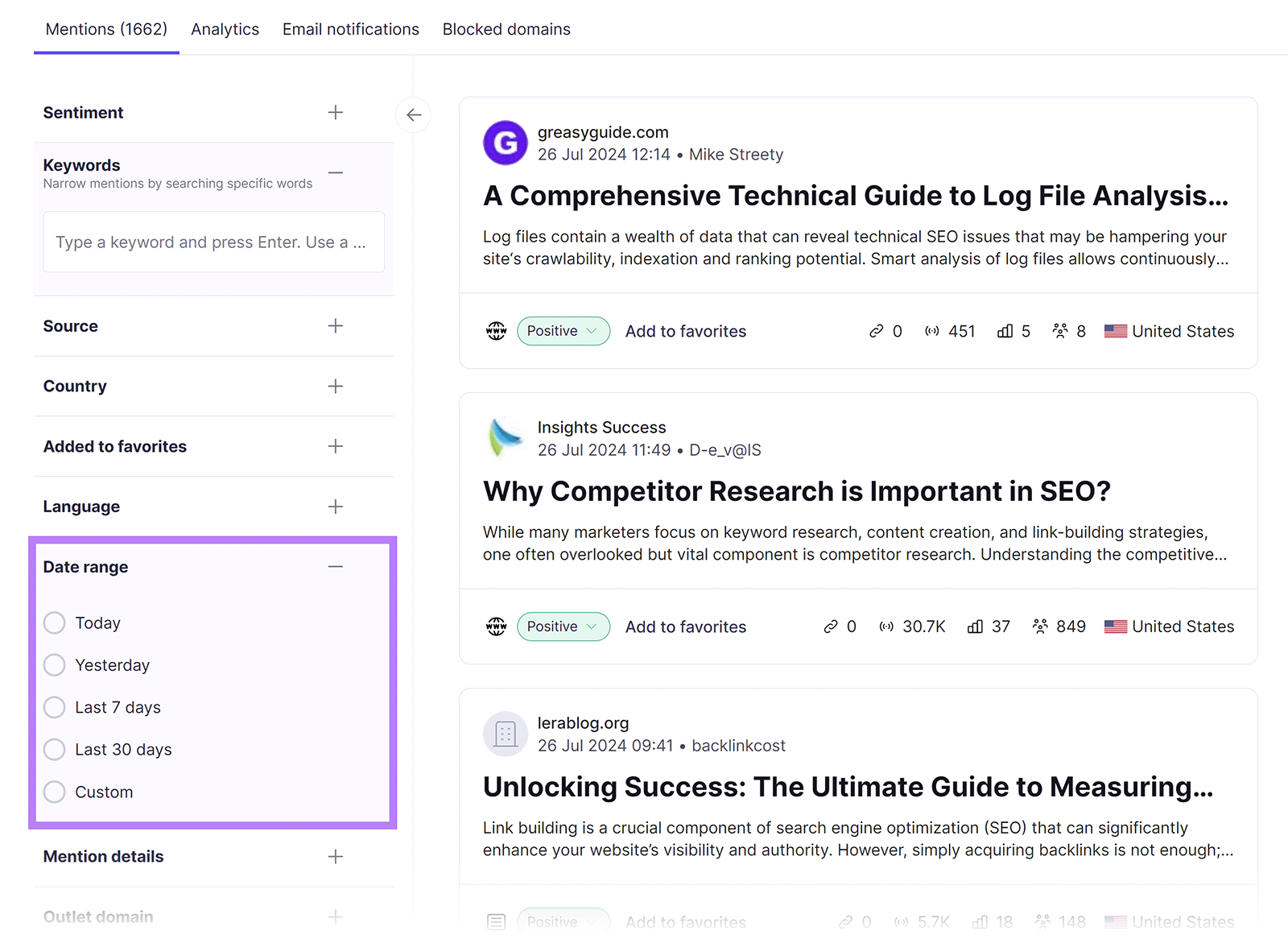 Date range filter expanded and highlighted