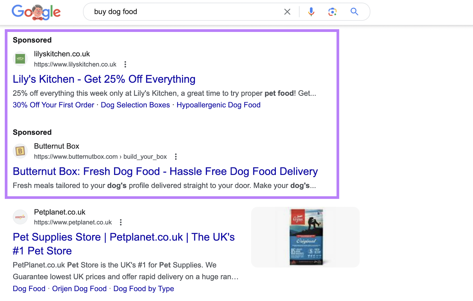 Google search results for "buy dog food"