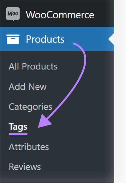 "Tags" button under the "Products" category within WordPress's navigation menu