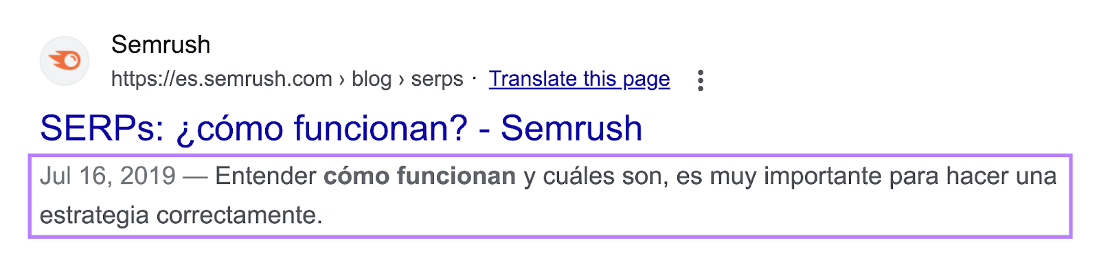 SERP meta description for Semrush blog in Spanish