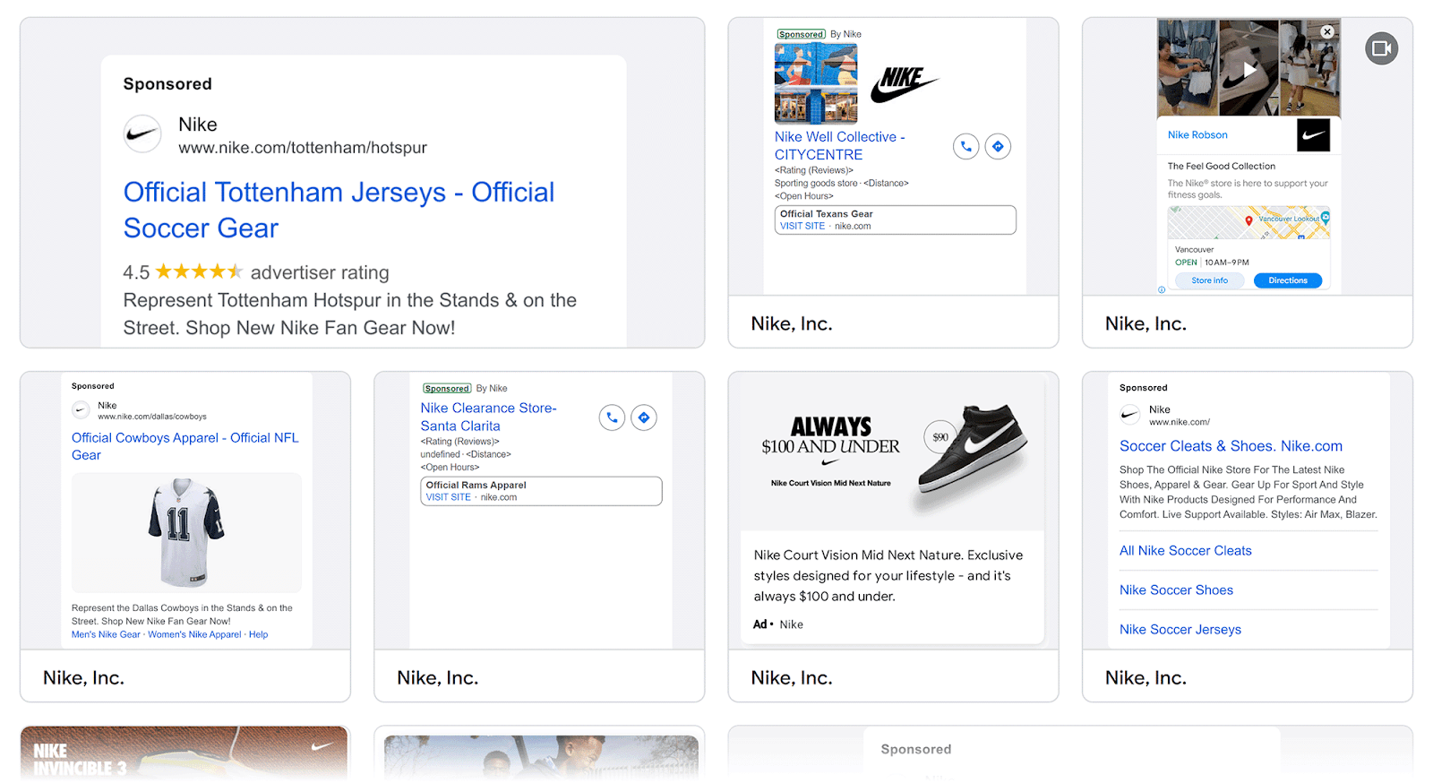 Google Ads transparency grid showing ads run by Nike Inc.