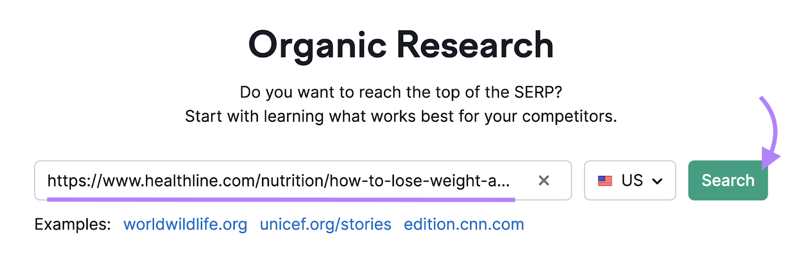 Healthline article url entered into Organic Research tool