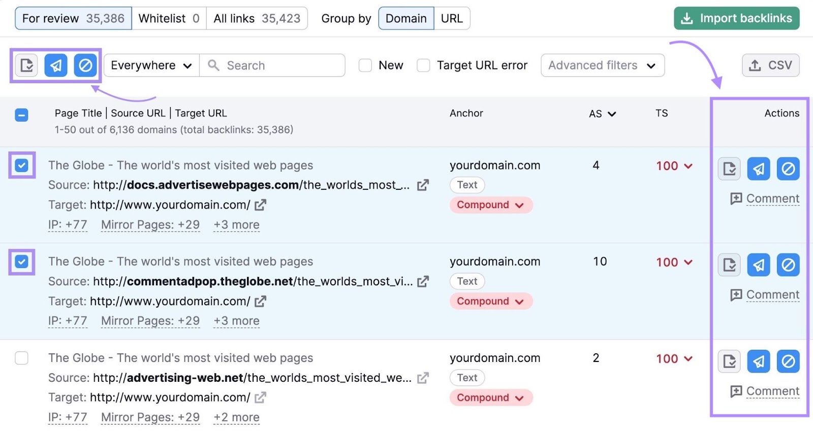 Toxicity score action items in Backlink Audit tool