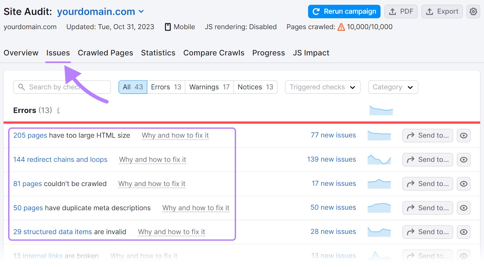 "Issues" report in Site Audit tool