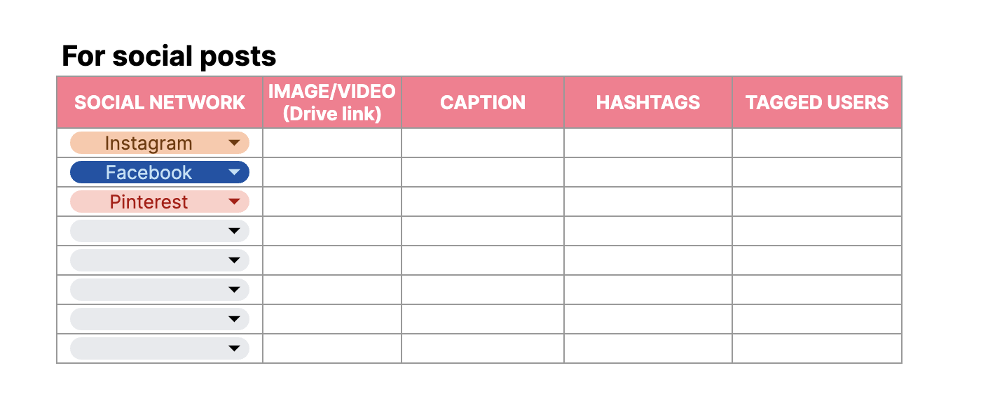 Template for organizing social media posts with columns for network, image/video link, caption, hashtags, and tagged users