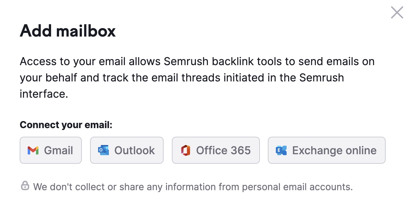 "Add mailbox" pop-up window in Backlink Audit