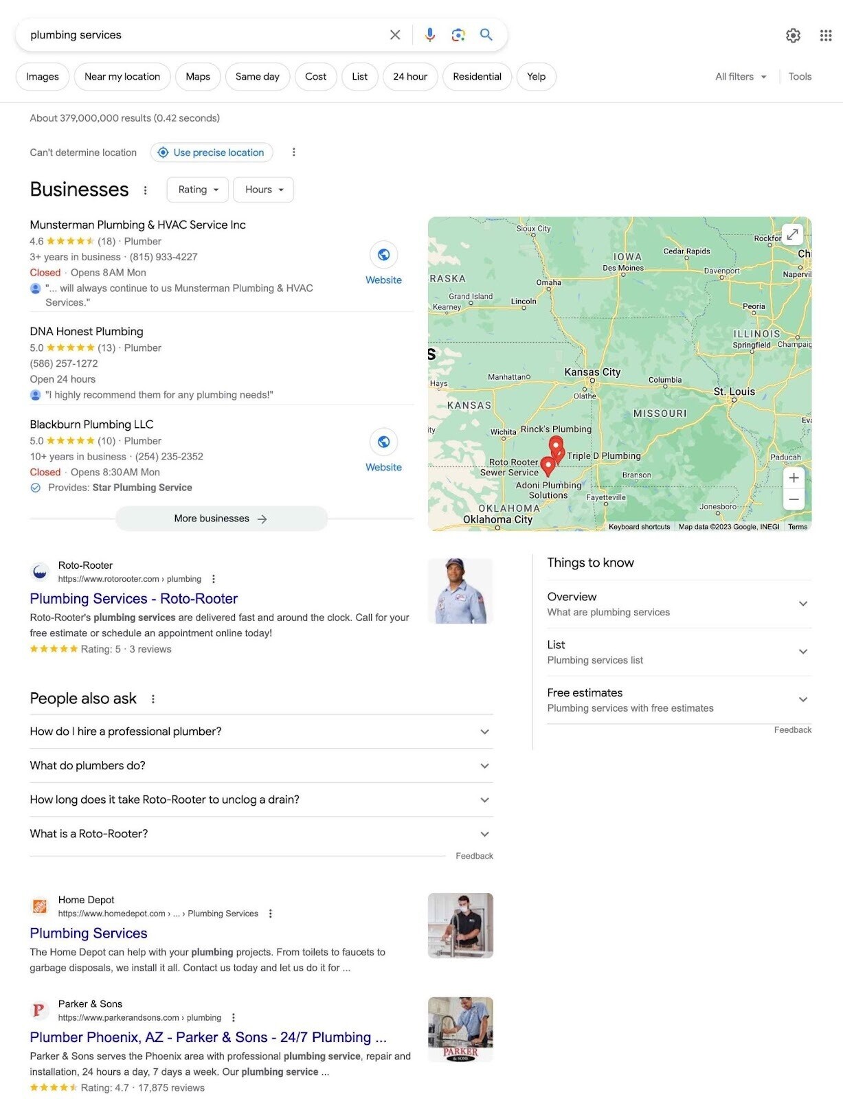 Google SERP for "plumbing services"