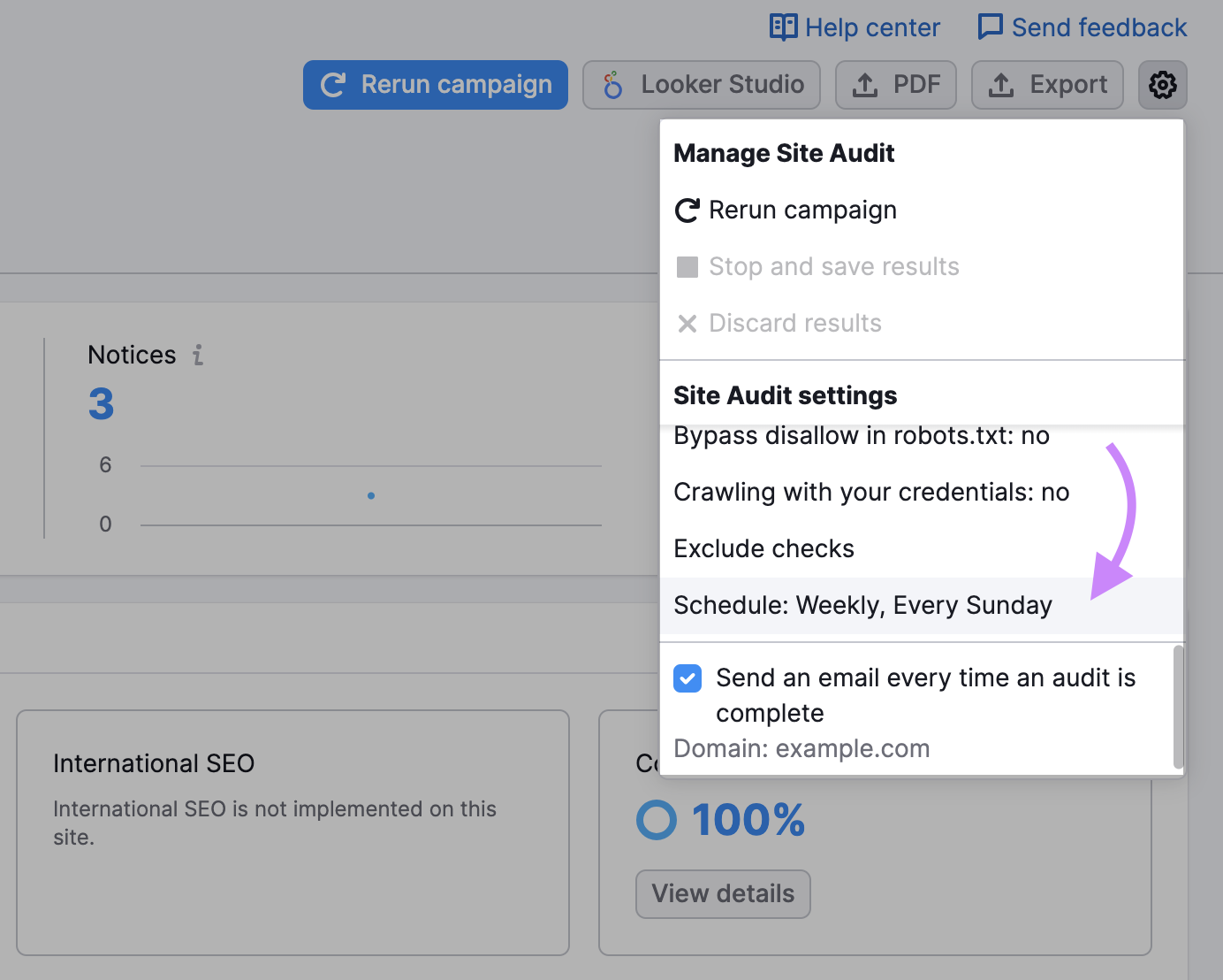 Campaign settings menu in Site Audit report page