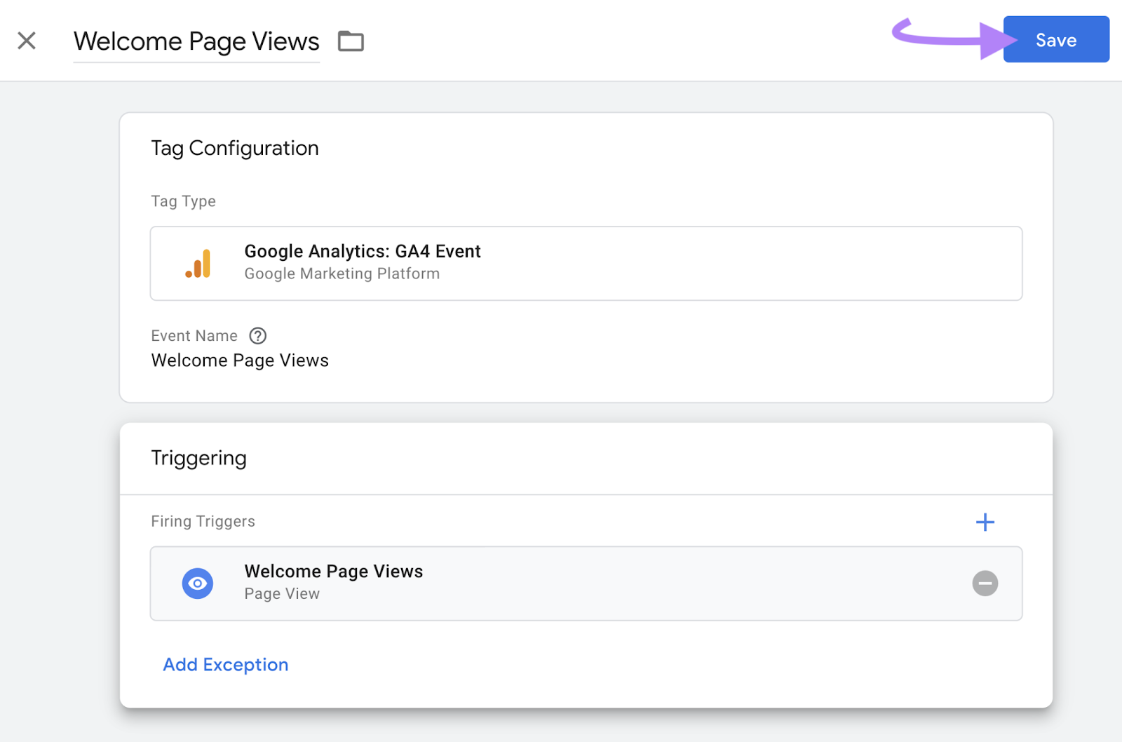 “Tag Configuration” and “Triggering” modules screen