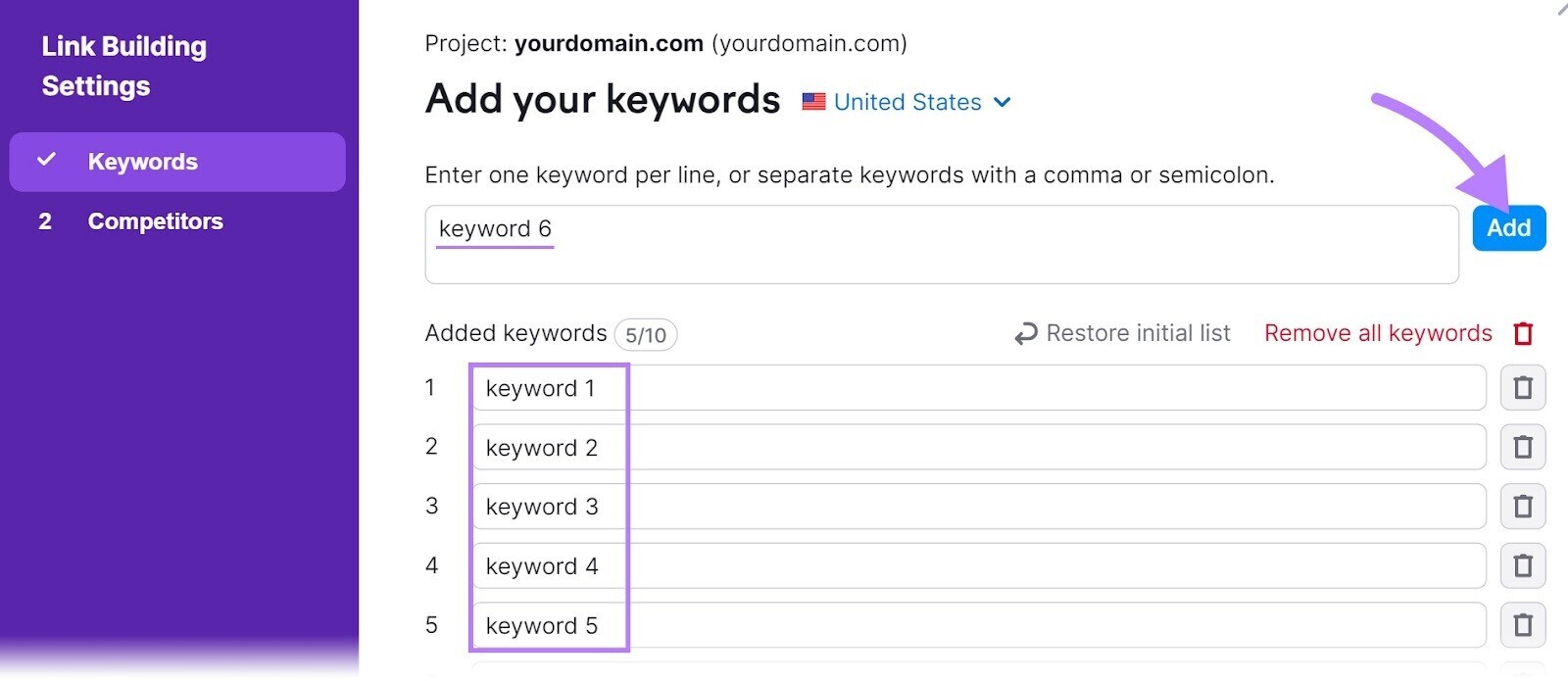 "Add your keywords" popup window in Link Building Tool