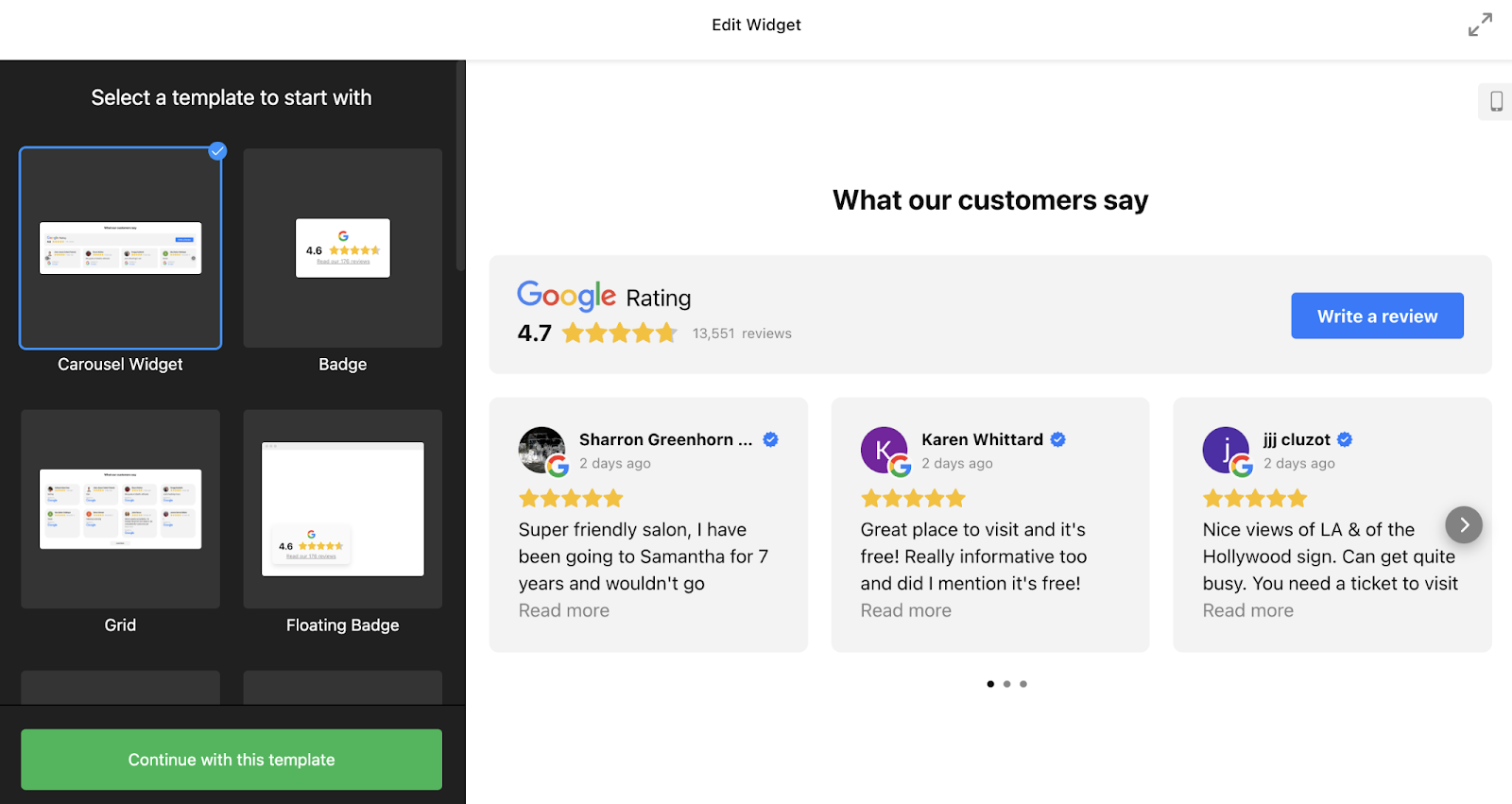 example elfsight google reviews widget with template options