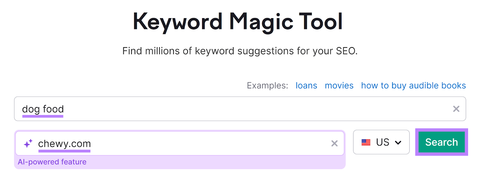 Semrush Keyword Magic Tool start with keyword and domain entered and Search button highlighted