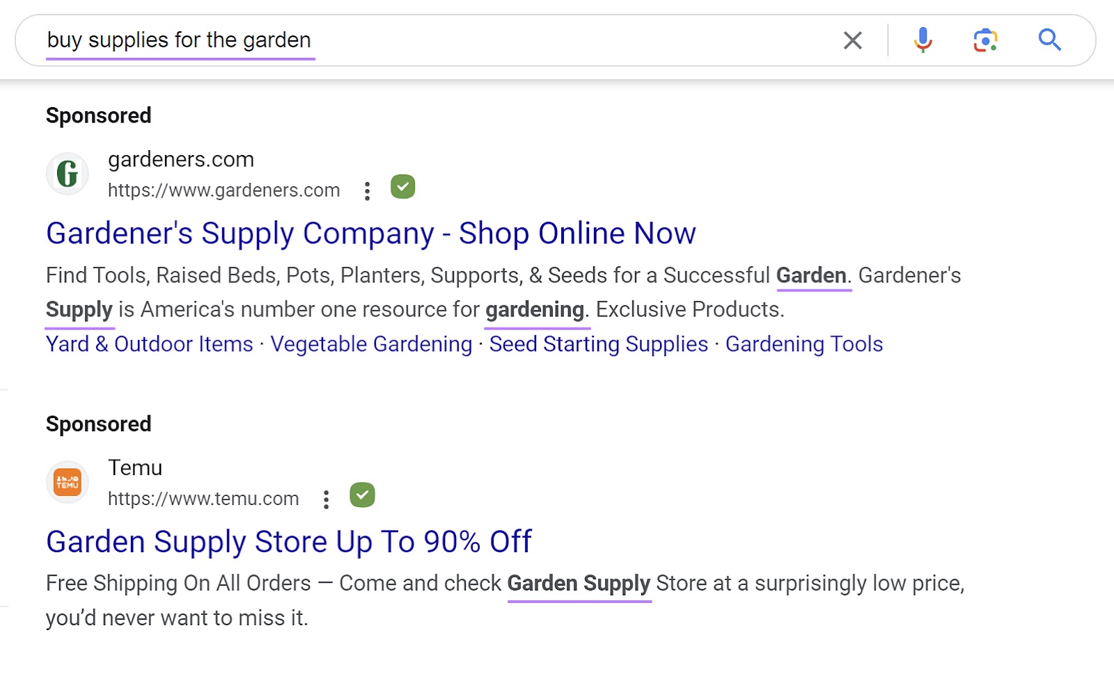 Google ads showing for the “buy supplies for the garden" query