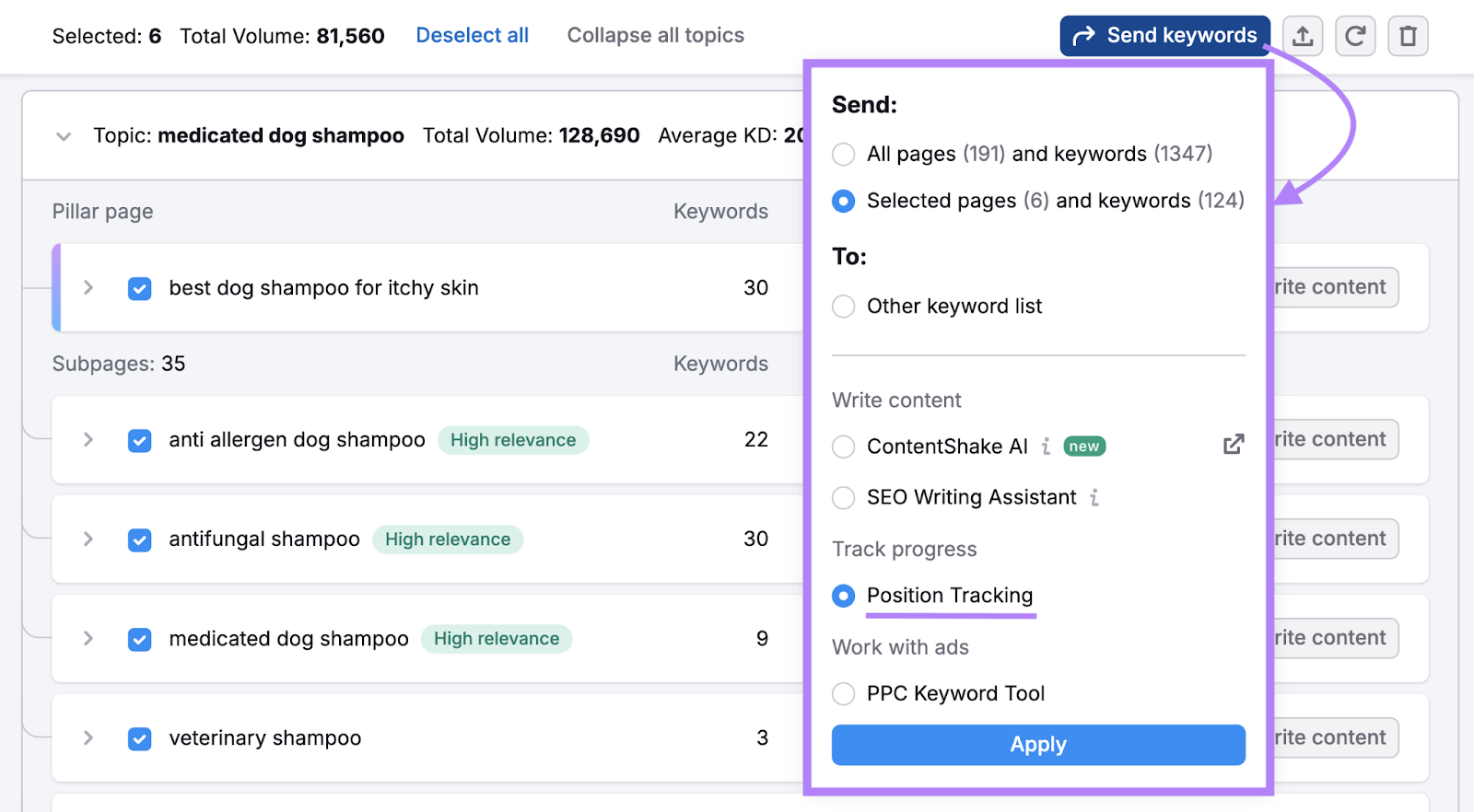 Send keywords option shows the ability to send a cluster to Position Tracking.