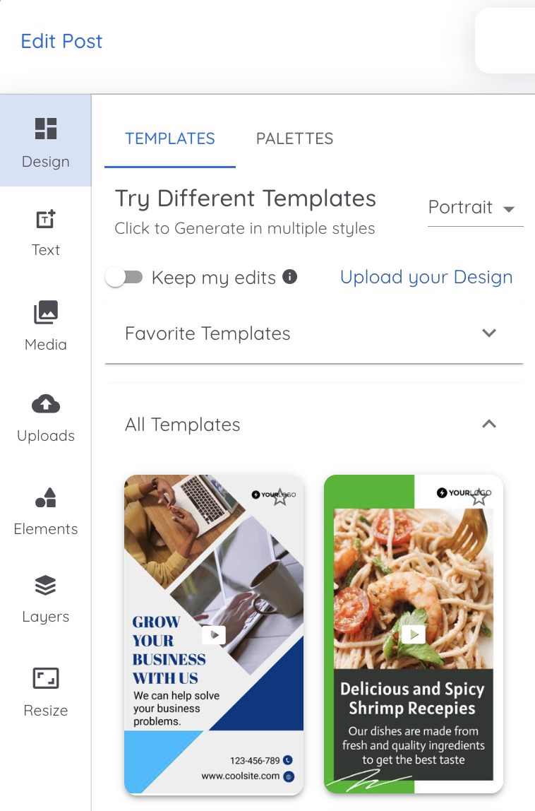 AI Social Content Generator provides options to edit or add design, text, media, uploads, elements, layers, or resize the post or video.