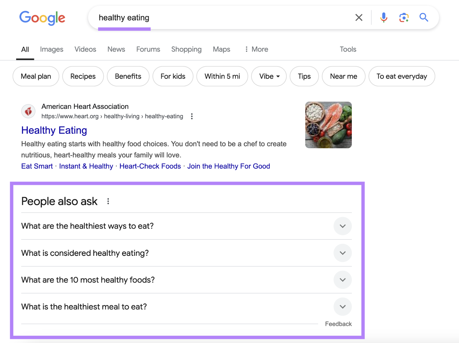 In a search for "healthy eating," the people also ask questions include "what are the healthiest ways to eat?," "what are the 10 most healthy foods?," and more