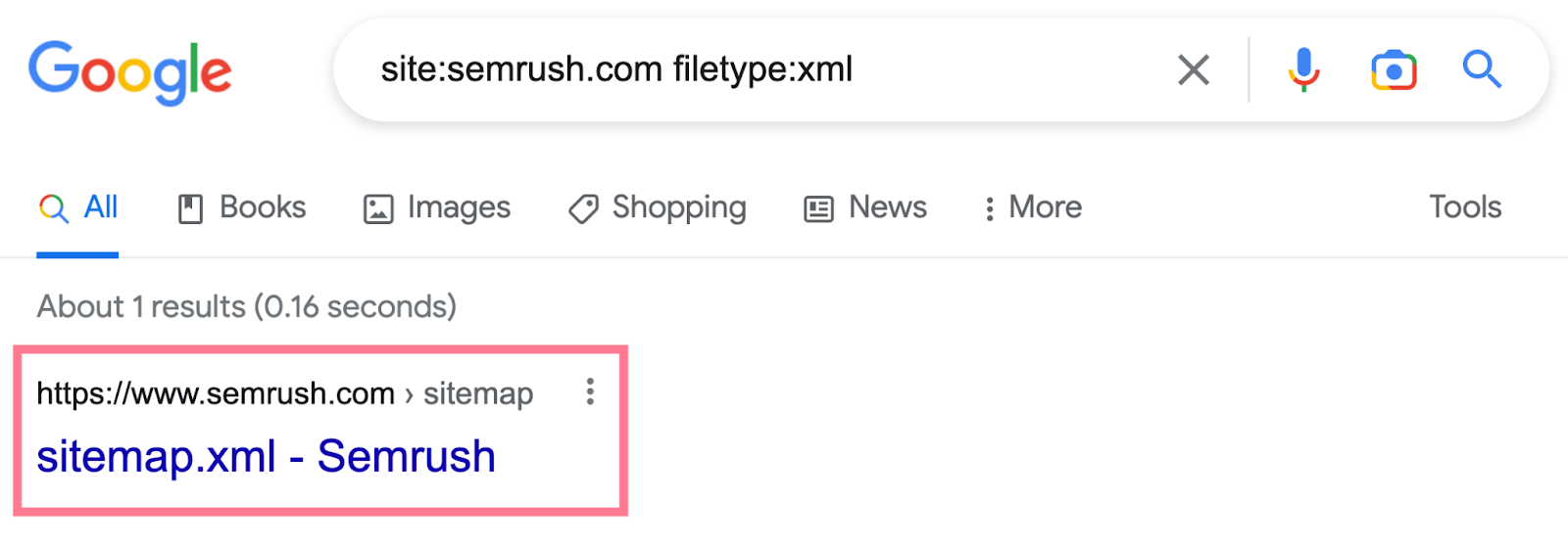 top search result is Semrush's sitemap as an xml