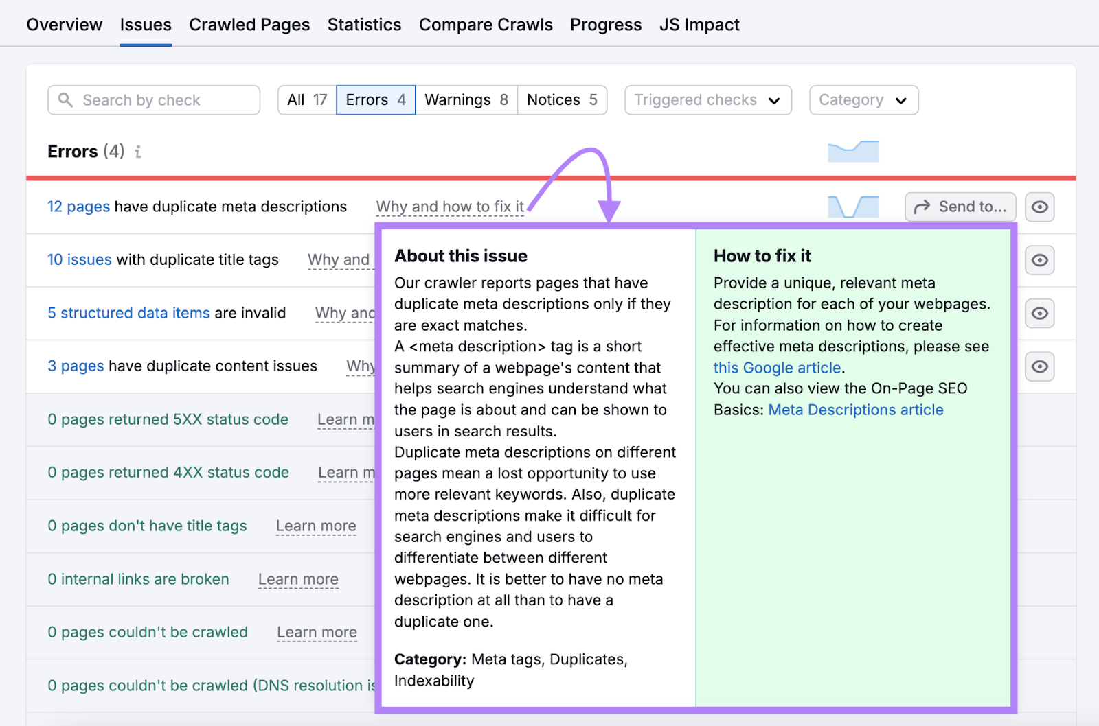 "Why and how to fix it" pop up shows more about the issue and how to learn how to fix it.