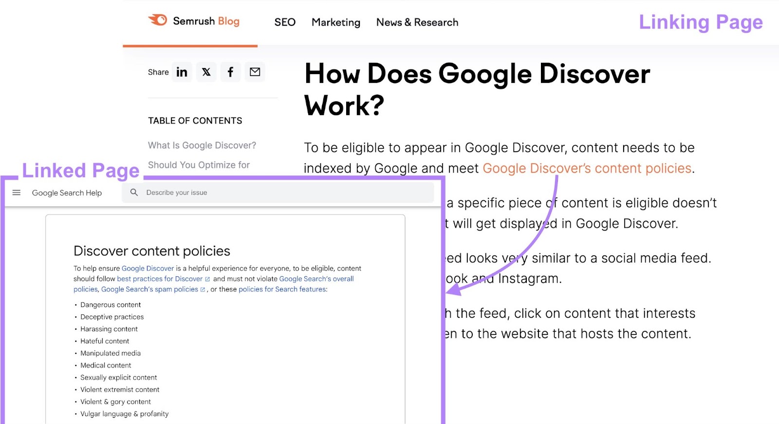 anchor text "Google Discover's content policies" links to Google's discover content policies