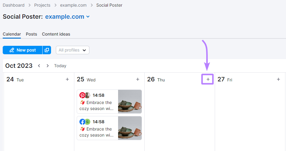 A social media calendar in the Social Poster tool