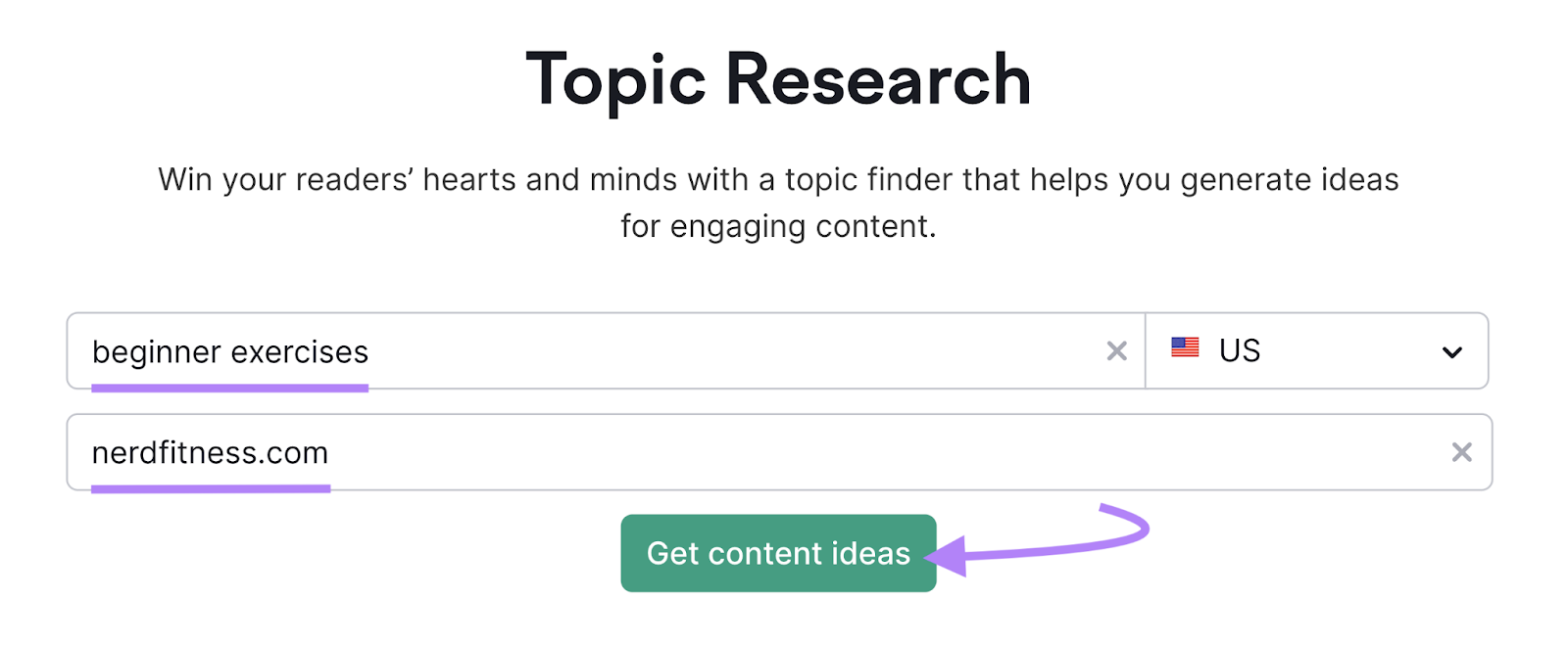 "beginner exercises" with competitor domain entered into Topic Research tool