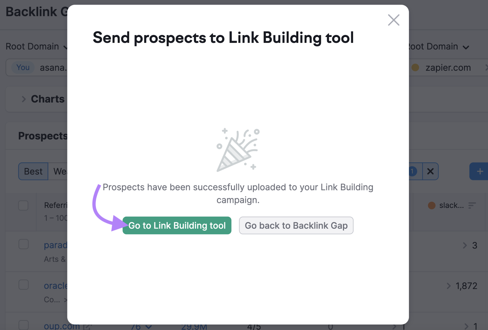 "Go to Link Building Tool" option selected