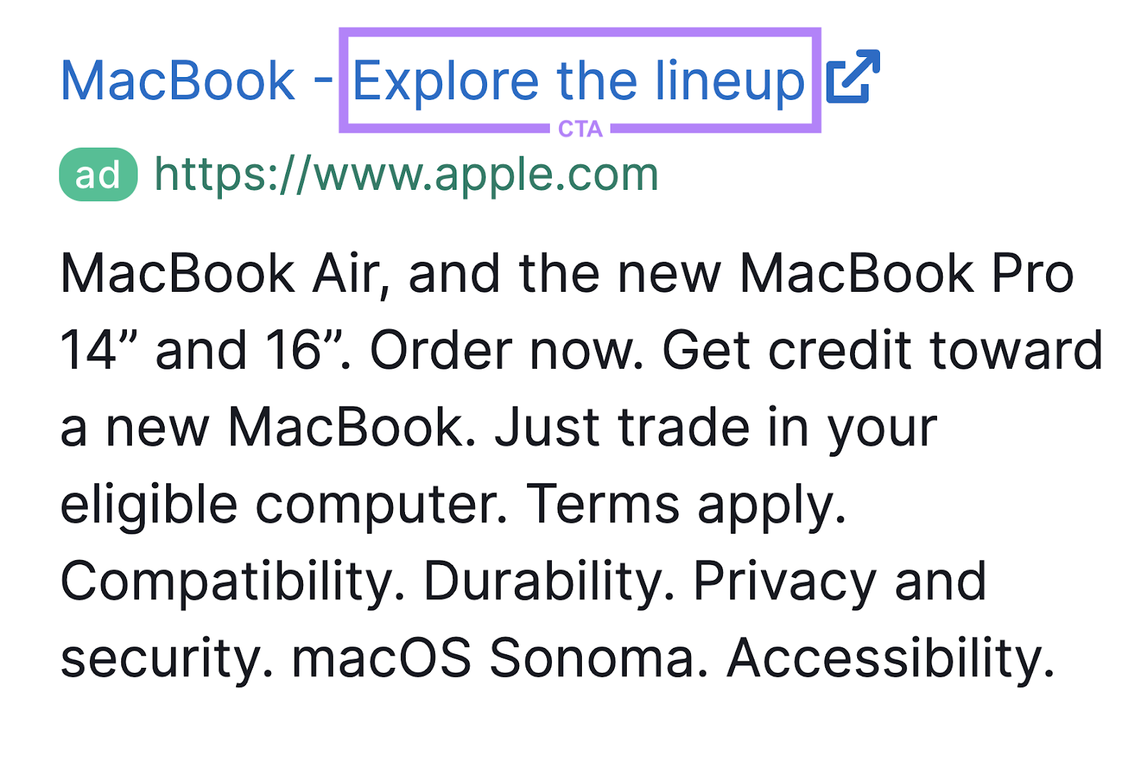 Apple's "Explore the lineup" CTA in Google search ad