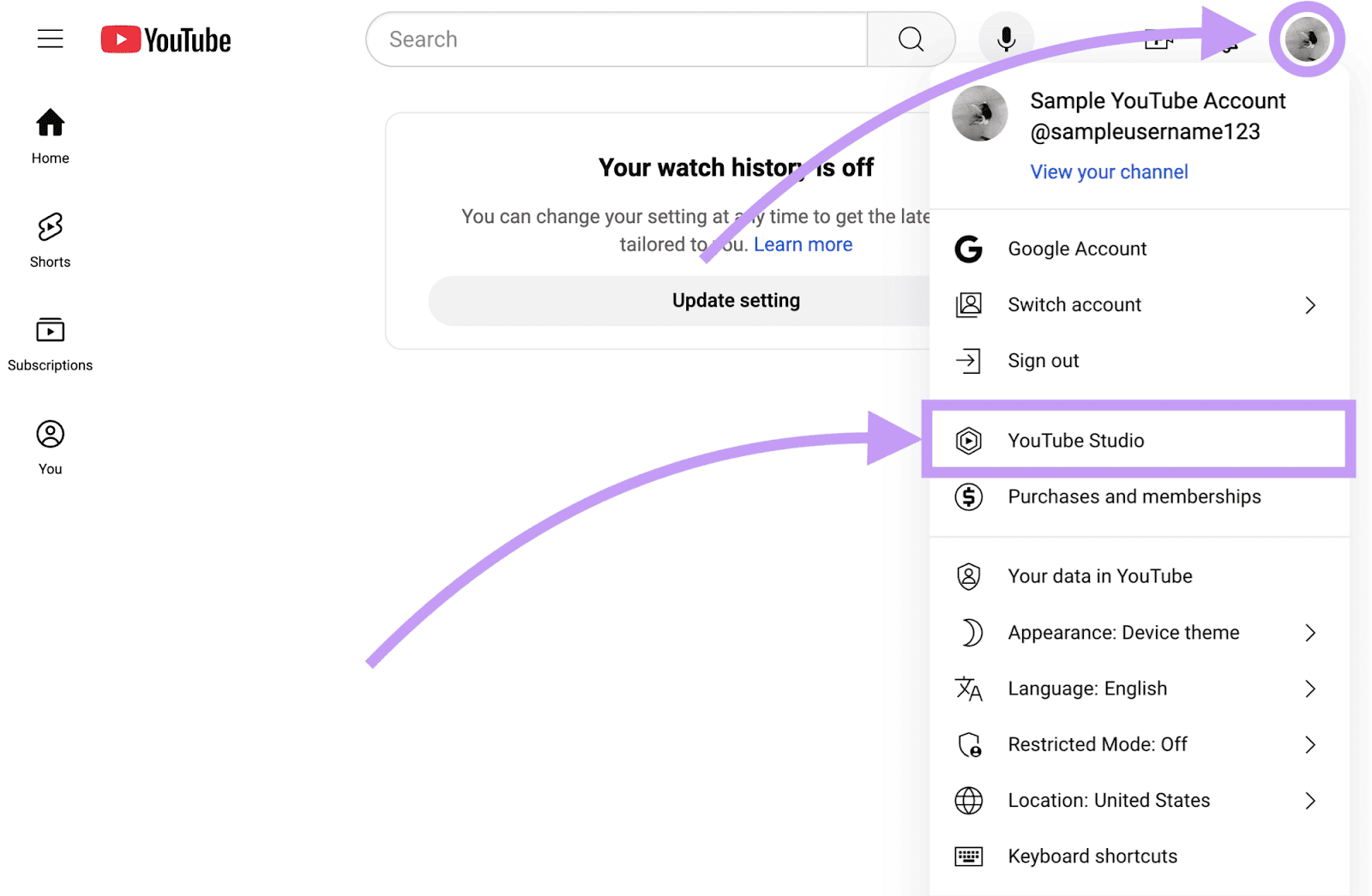 YouTube Studios option from the profile picture button