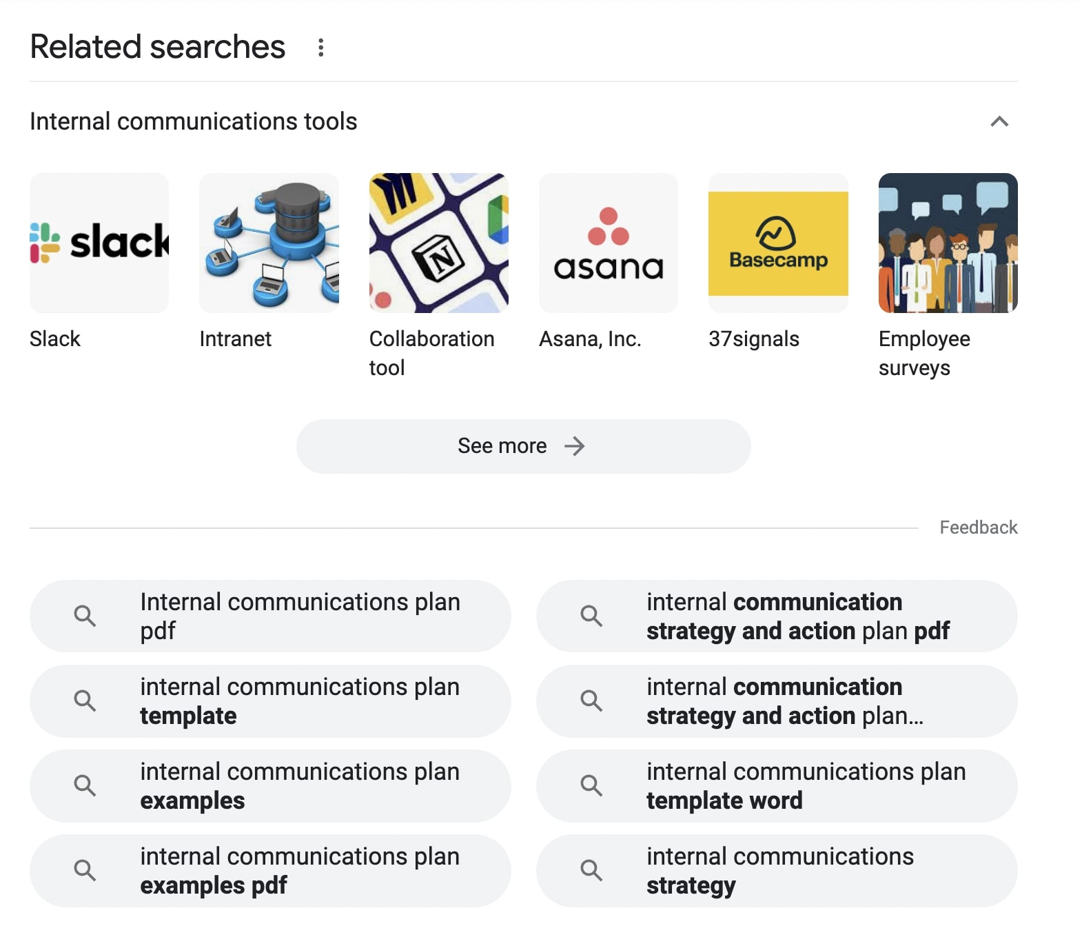 “Related searches” section for “internal communications plan"