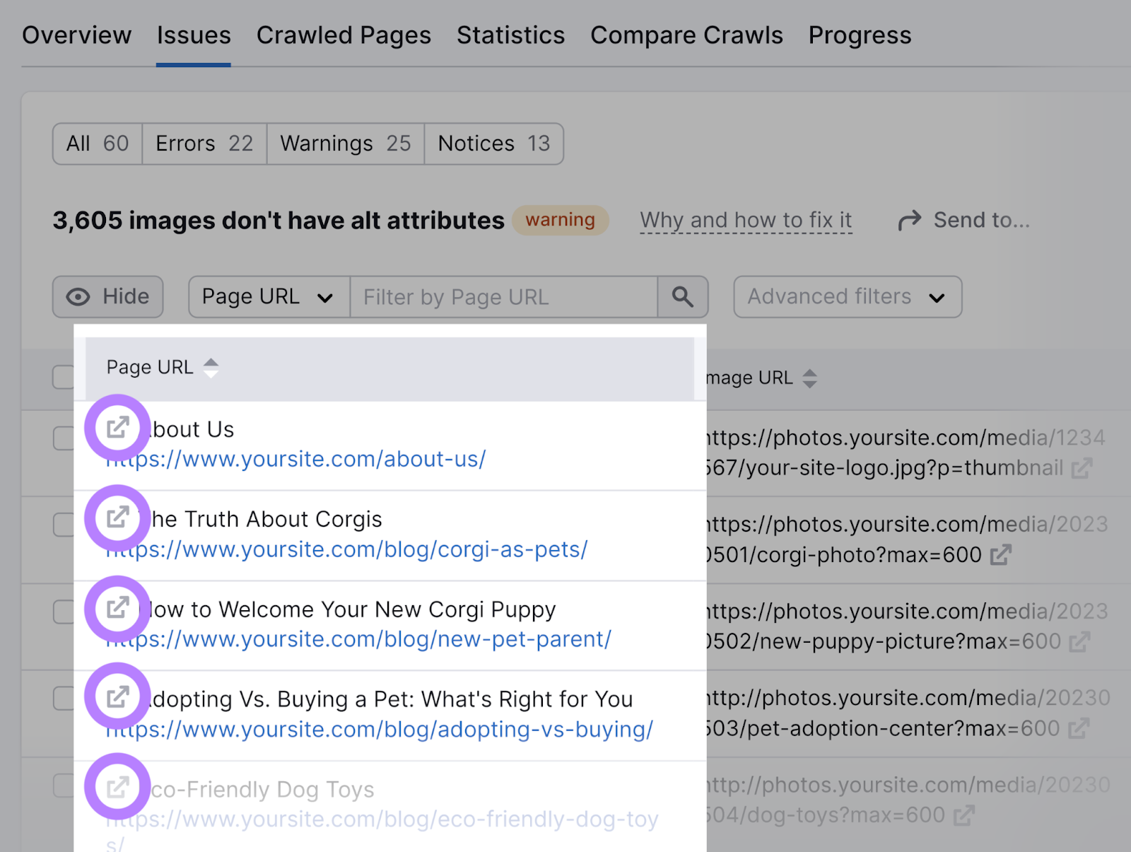 The "Page URL" column in Semrush's Site Audit tool. The "open link" icons are highlighted.