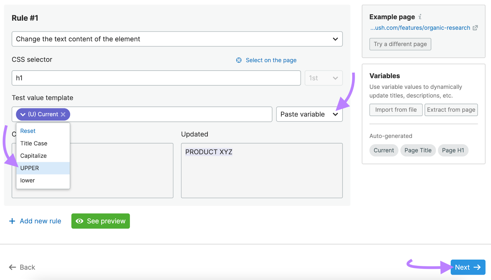 Choosing a test value template in the tool settings